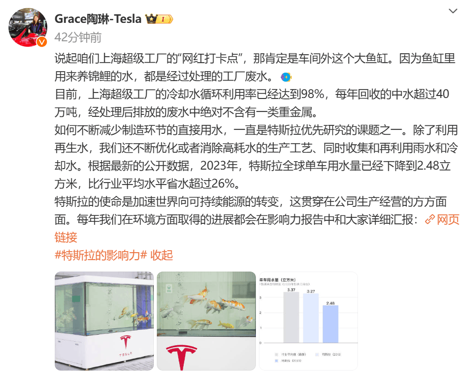 特斯拉陶琳：上海工厂冷却水循环利用率达98%，废水里能养锦鲤